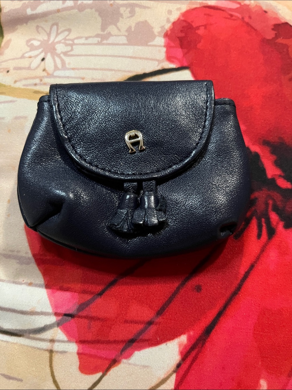 Etienne Aigner Navy Leather Tassel Card & Coin Pouch